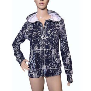 Vintage Lucky Brand Zip Up Hoodie Sweatshirt Women's Med‎ Navy Damask Print boho